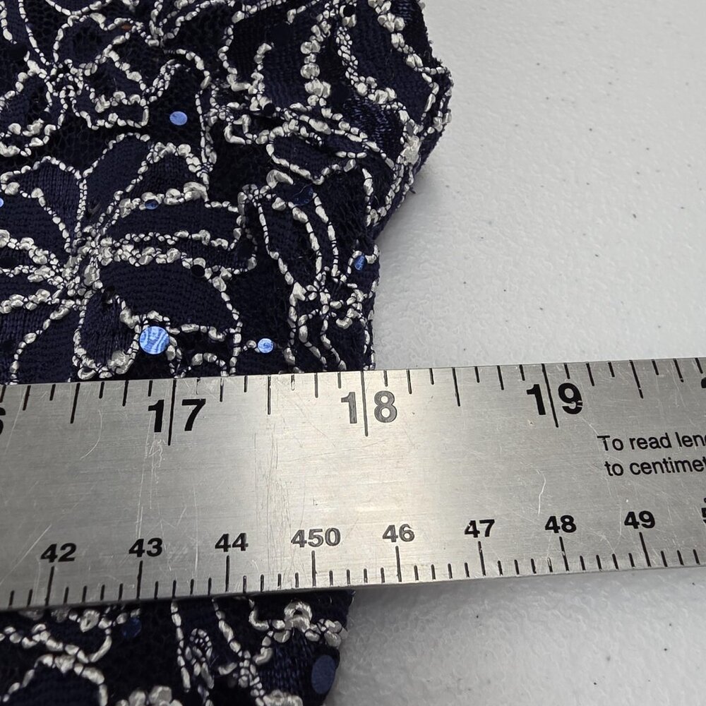 Roz & Ali Dress Womens 14 Navy Blue Lace Floral Sequin Sheath V Neck Cap Sleeve - Picture 11 of 12